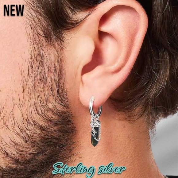 New .925 Sterling Silver Tiger's Eye Stone Hoop Earrings - Picture 3 of 6